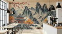 Asian Serenity Wall Mural with cherry blossoms in a modern flat lounge.