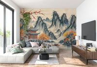 Oriental garden art wallpaper for a sophisticated flat living area.