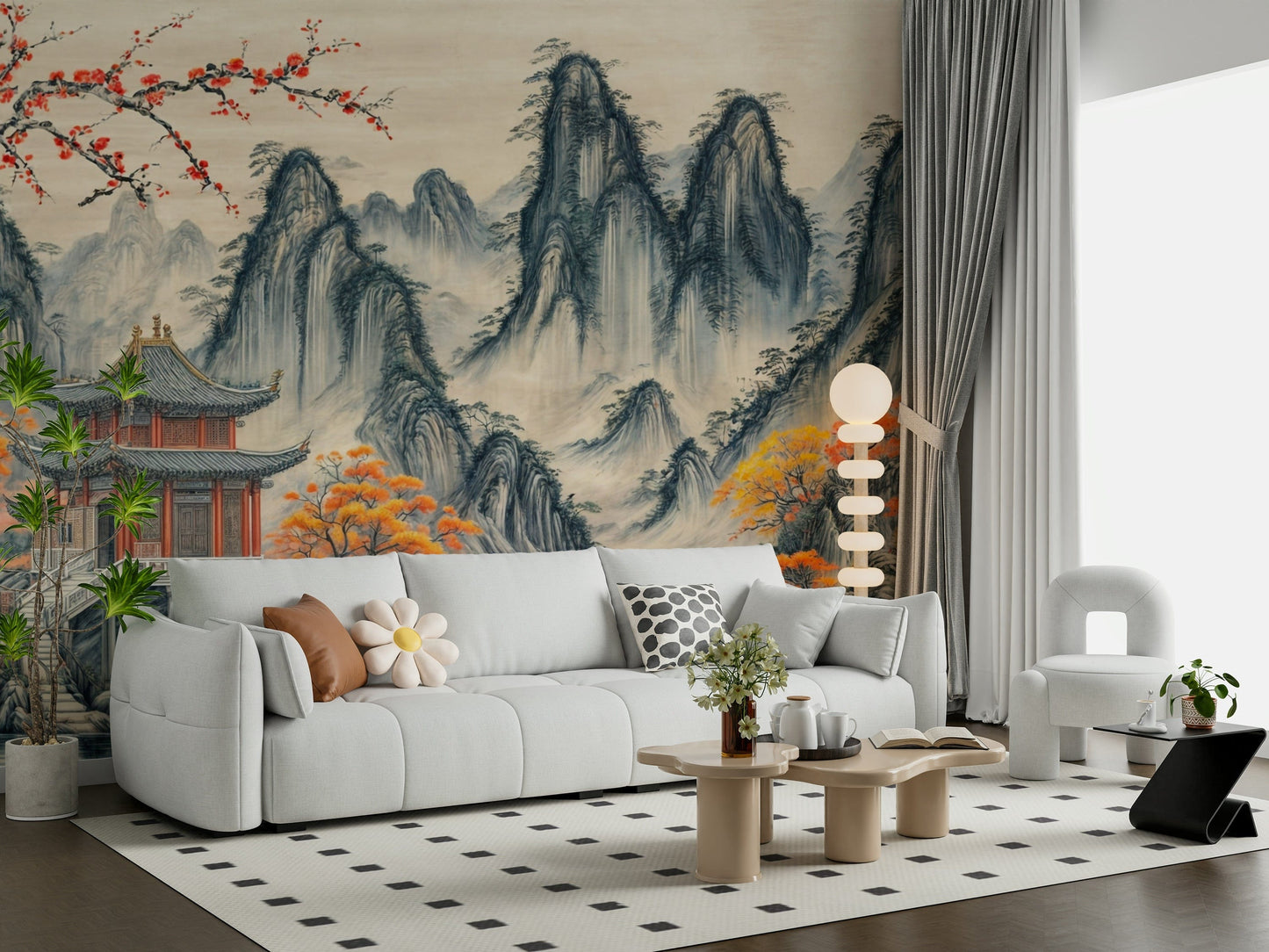 Asian Serenity Wall Mural showing a peaceful lake for a guest room.