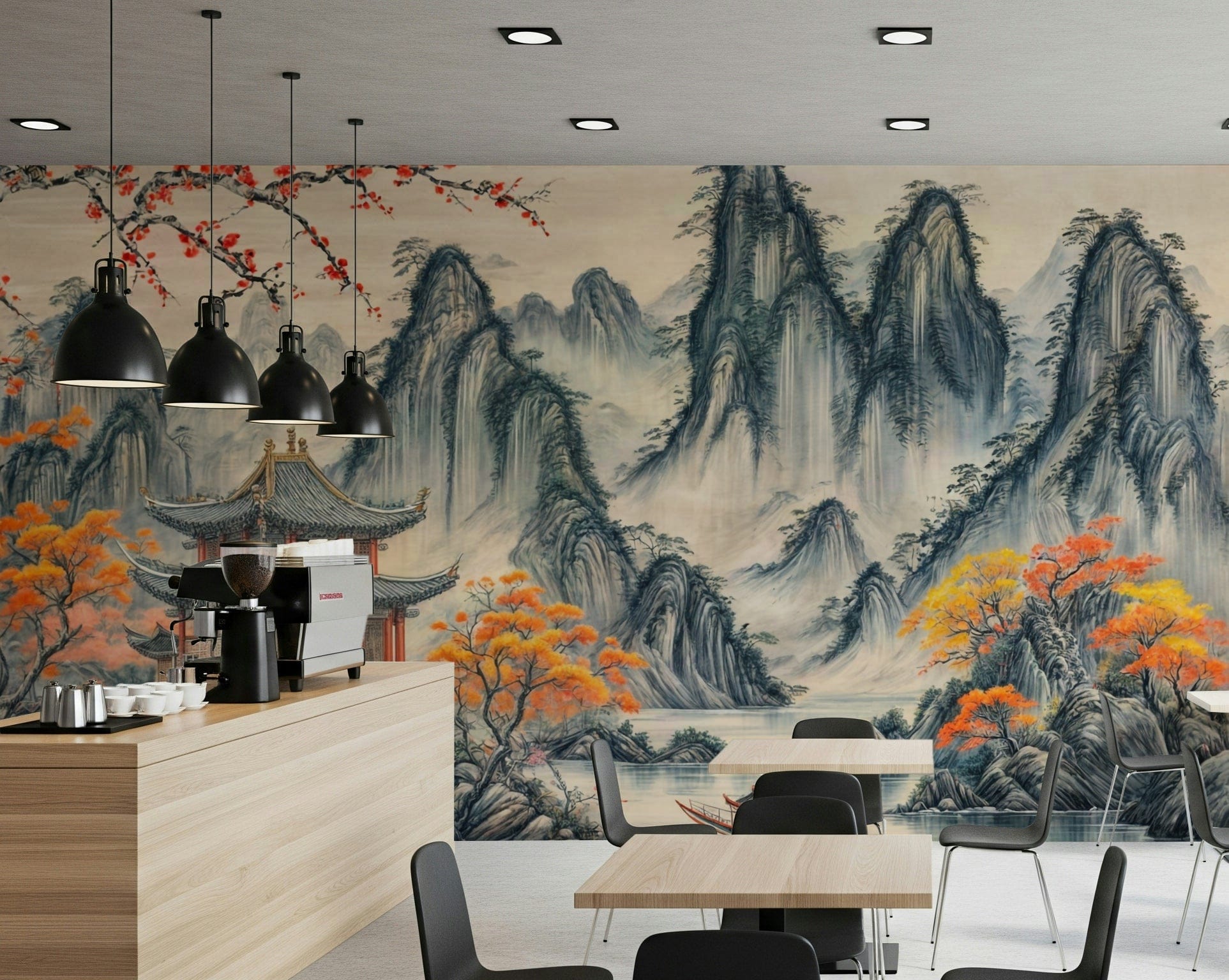 Asian Serenity Wall Mural with ink wash birds in a hallway.