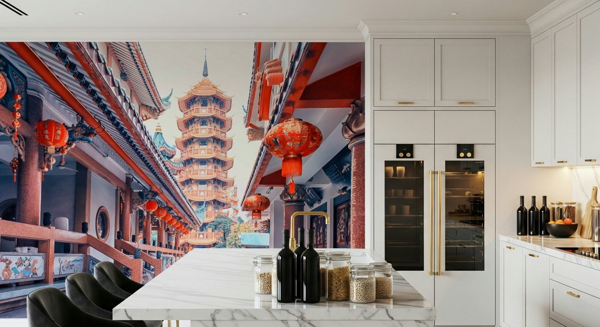 Striking Asian Temple Vista mural: historic cultural architecture.