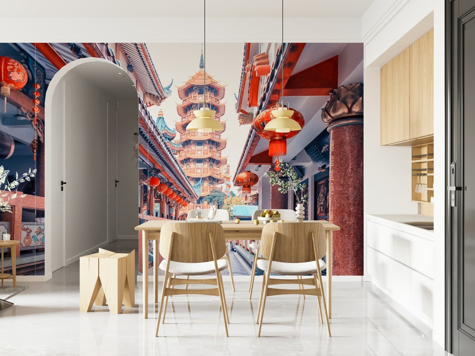 Asian Temple Vista mural, covered walkway, detailed architecture, serene wall print.