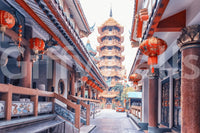 Asian Temple Vista peel and stick: vibrant courtyard atmosphere.