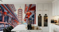 Striking Asian Temple Vista mural: historic cultural architecture.