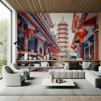 Red and gold accents, Asian Temple Vista, historical pagoda, decorative wall covering.