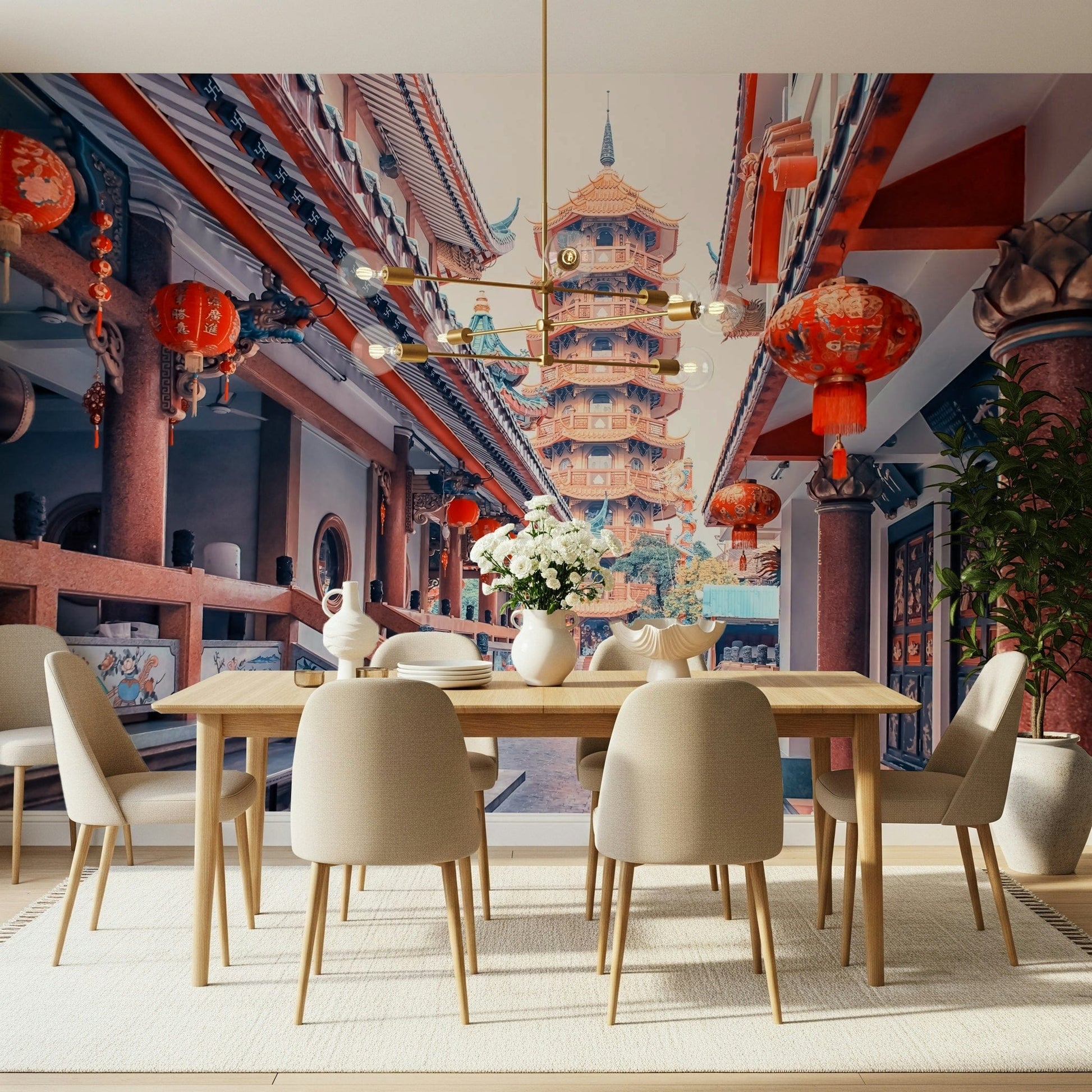 Asian Temple Vista wall mural, tiered pagoda, red lanterns, architectural wallpaper.