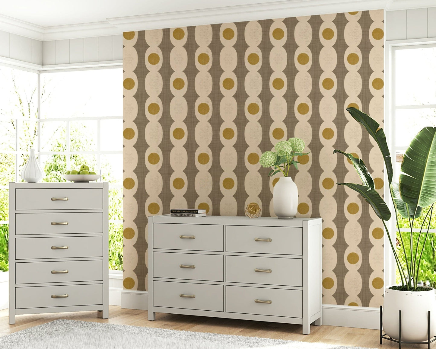 Atomic Age beige abstract wallpaper with mid-century inspired shapes.