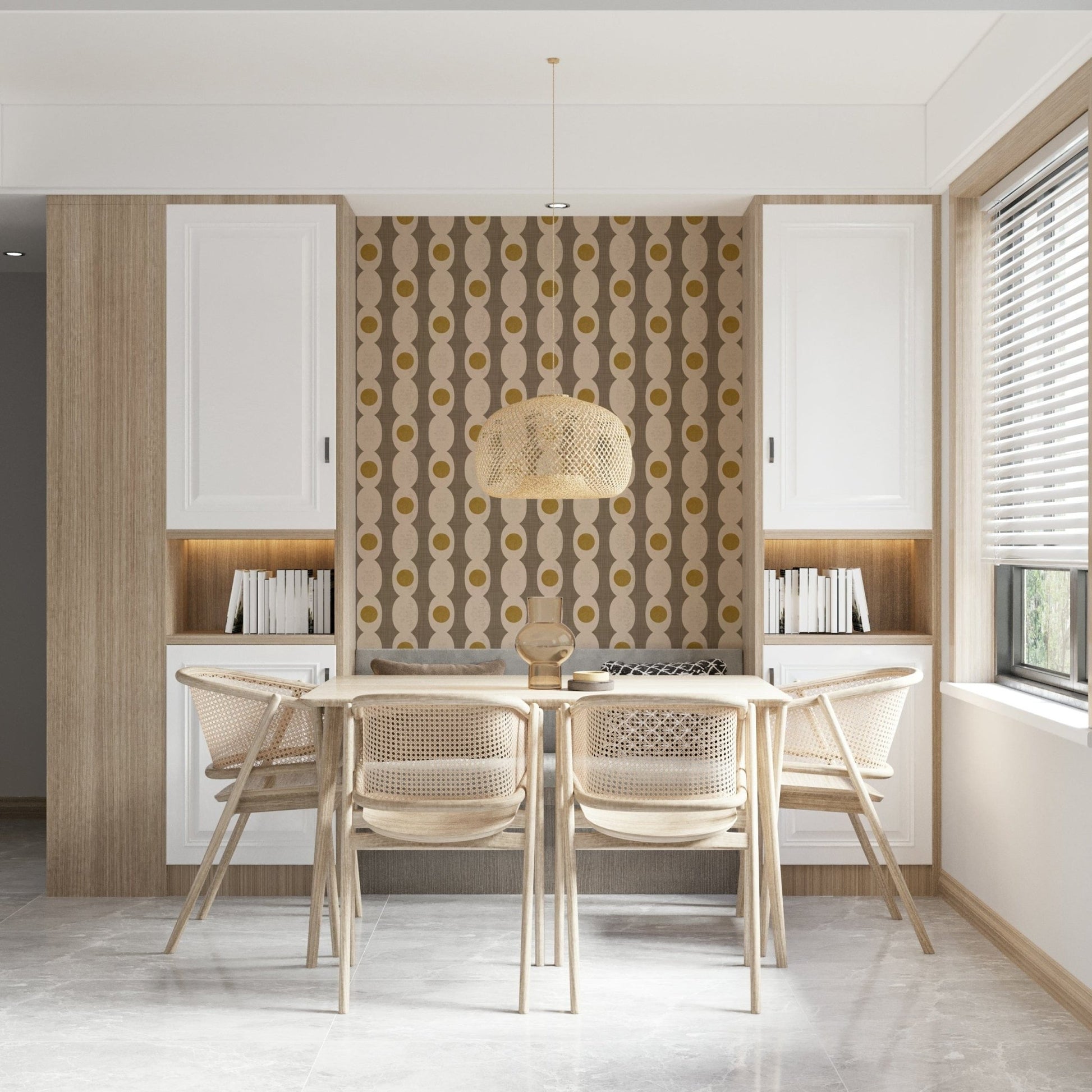 Abstract Atomic Age wallpaper featuring curved beige forms and clean geometry.
