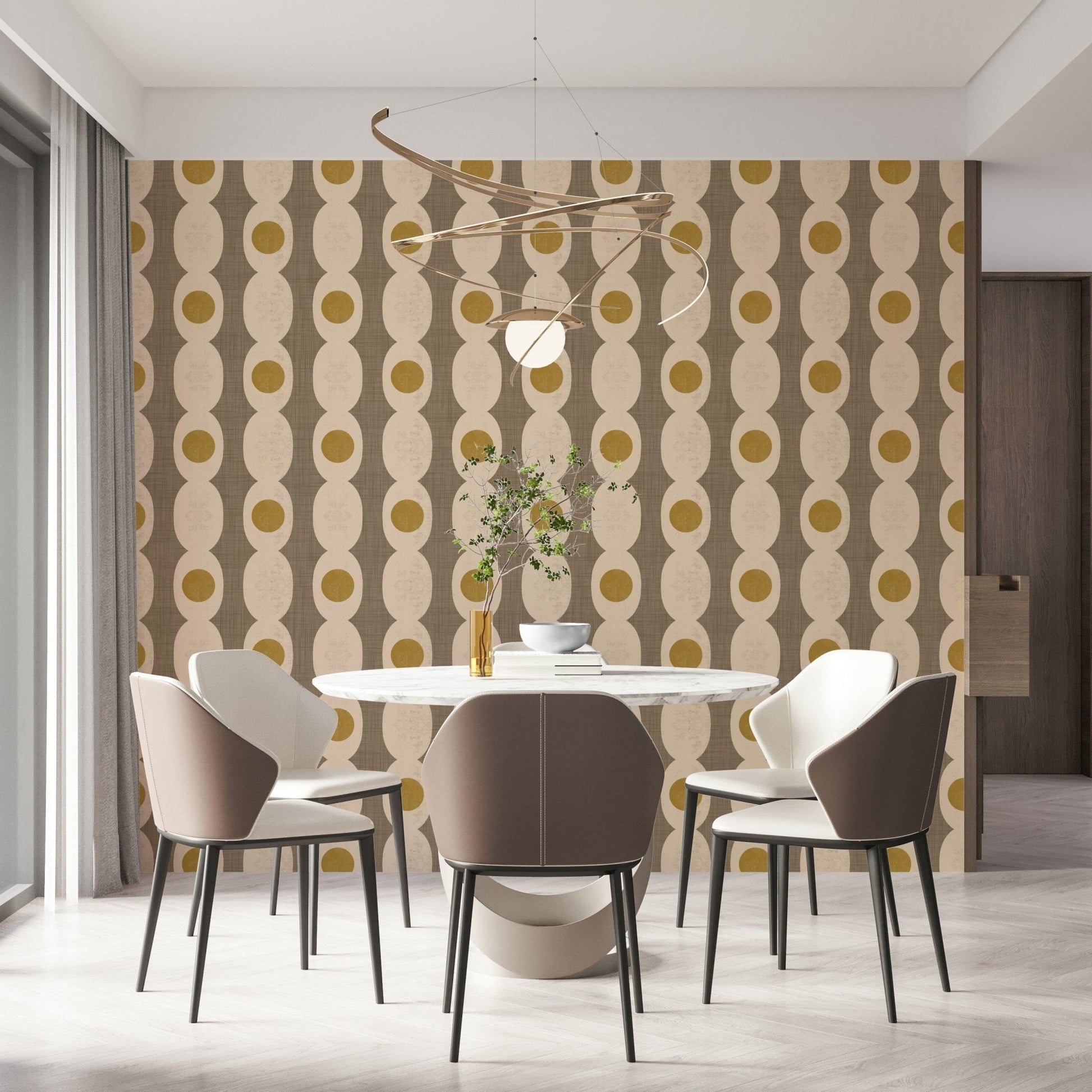 Soft beige Atomic Age pattern creating a vintage abstract wall look.