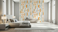 Mid-century modern wallpaper with repeating atomic oval motifs and wavy teal lines.
