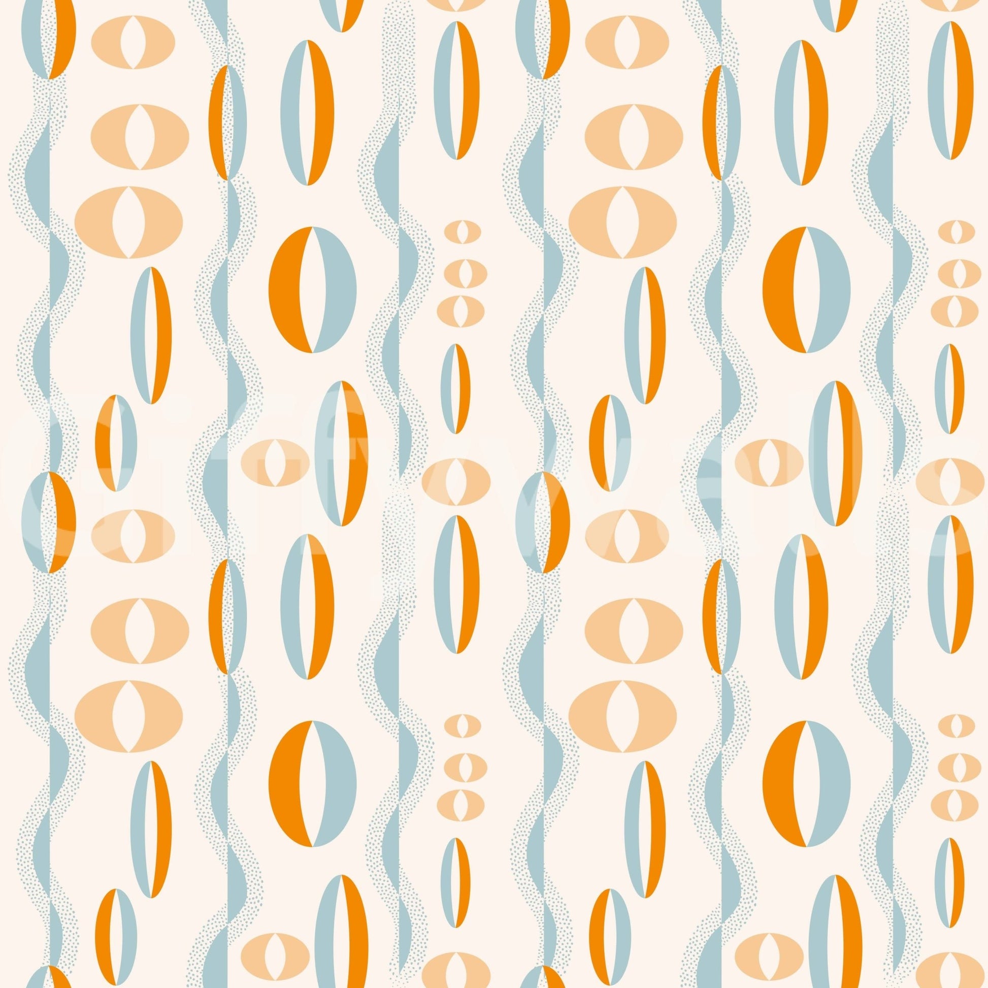 Atomic-inspired wallpaper with bold oval shapes and dotted wave lines for a vintage look.