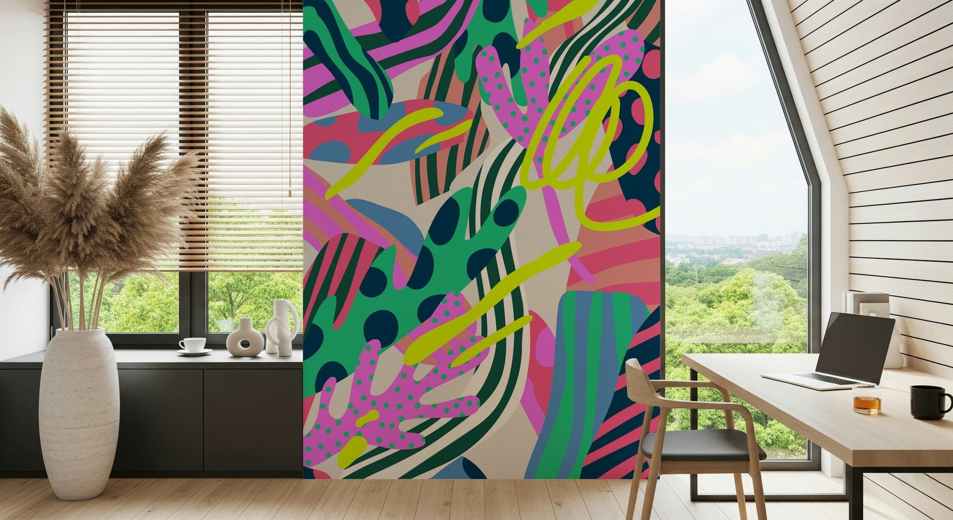 A peaceful flower design mural on decorative wallpaper.

