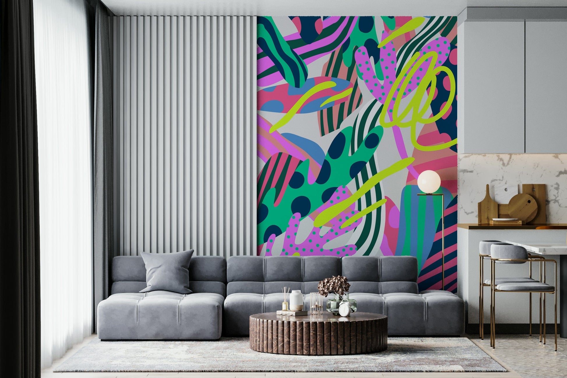 A graceful subtle bloom wall mural in soft, elegant tones.

