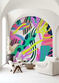 A contemplative atomic pattern wallpaper mural for a feature wall.

