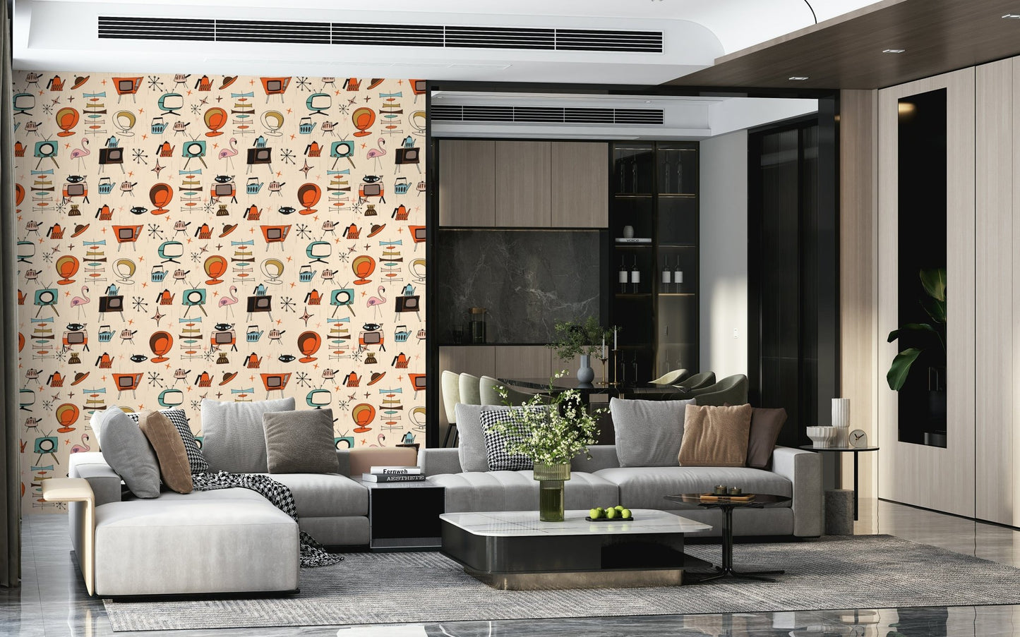 Vintage Atomic Retro Design, Googie Style Accents Wallpaper.