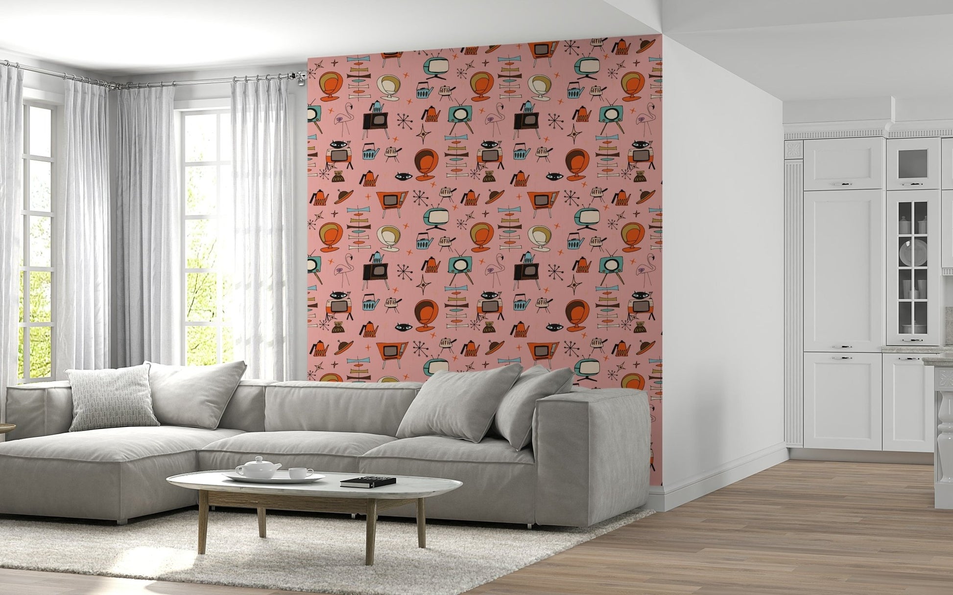 Distinctive Kitsch Pink Wall Mural, Mid-Century Charm, Unique.
