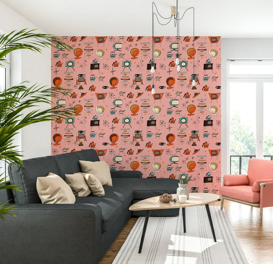 Lively Retro Living Pod Chair Print Kitsch Pink Wall Mural.