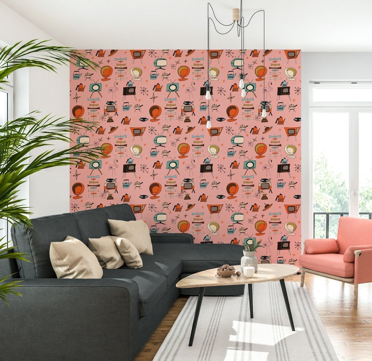 Lively Retro Living Pod Chair Print Kitsch Pink Wall Mural.