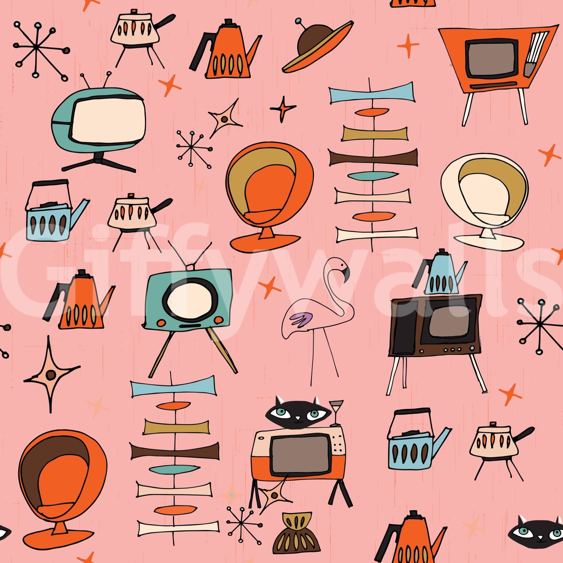 Funky Kitsch Pink Illustrations, Retro Living Pattern Wall Mural.