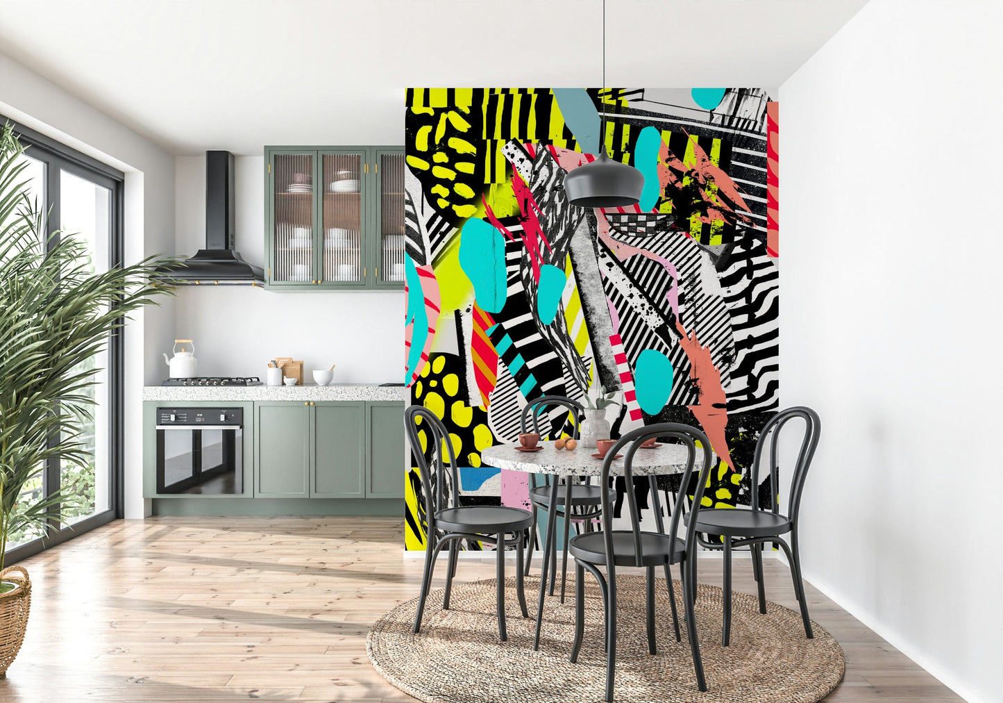 An artistic flowing design mural on minimalist wallpaper.


