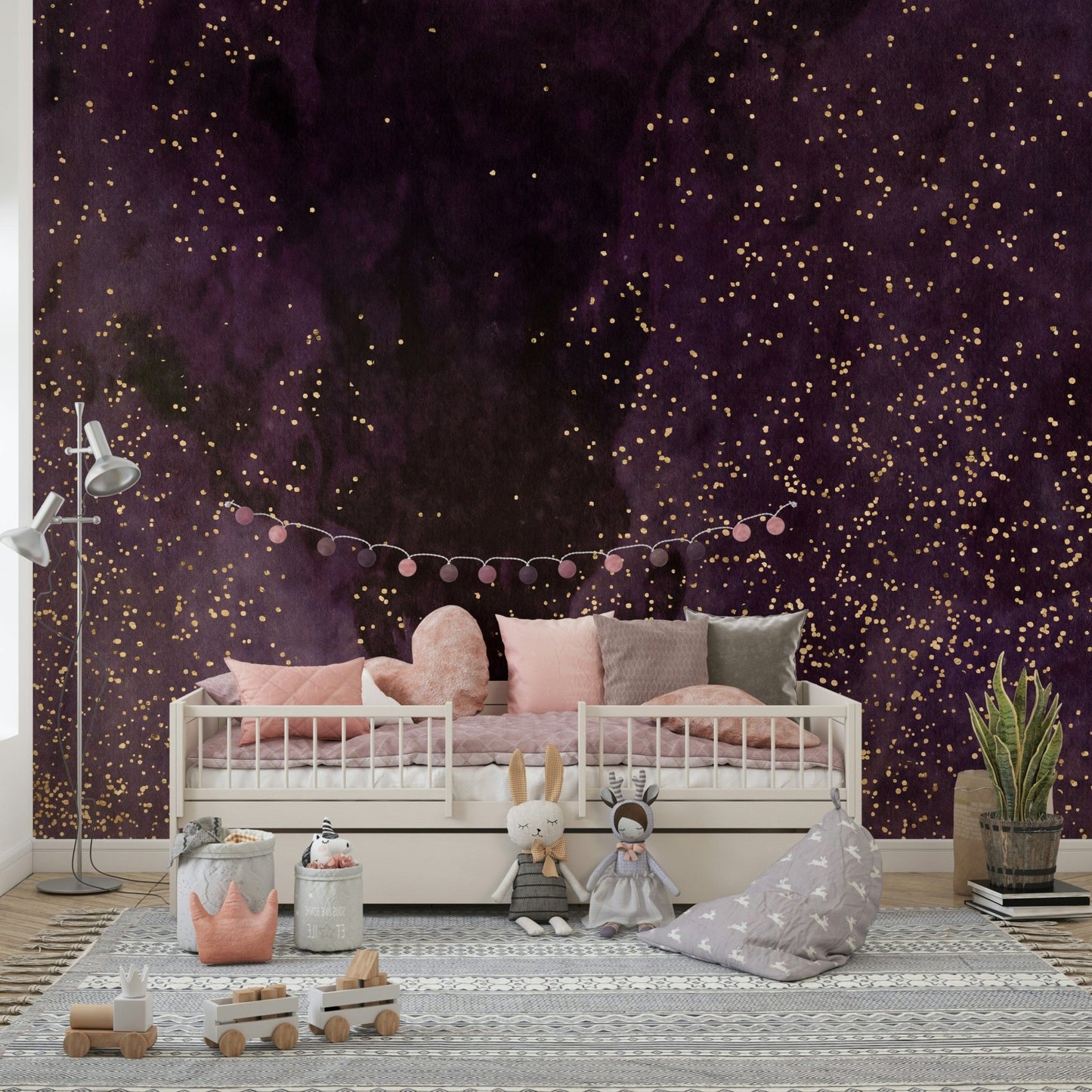 Aubergine Galaxy Wall Mural – Deep purple and violet cosmic design with twinkling stars and swirling nebula, perfect for modern home interiors.