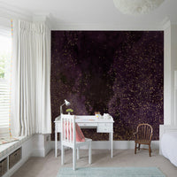Cosmic Aubergine Wall Mural – Abstract galaxy artwork with rich violet and magenta tones, creating a celestial ambiance.