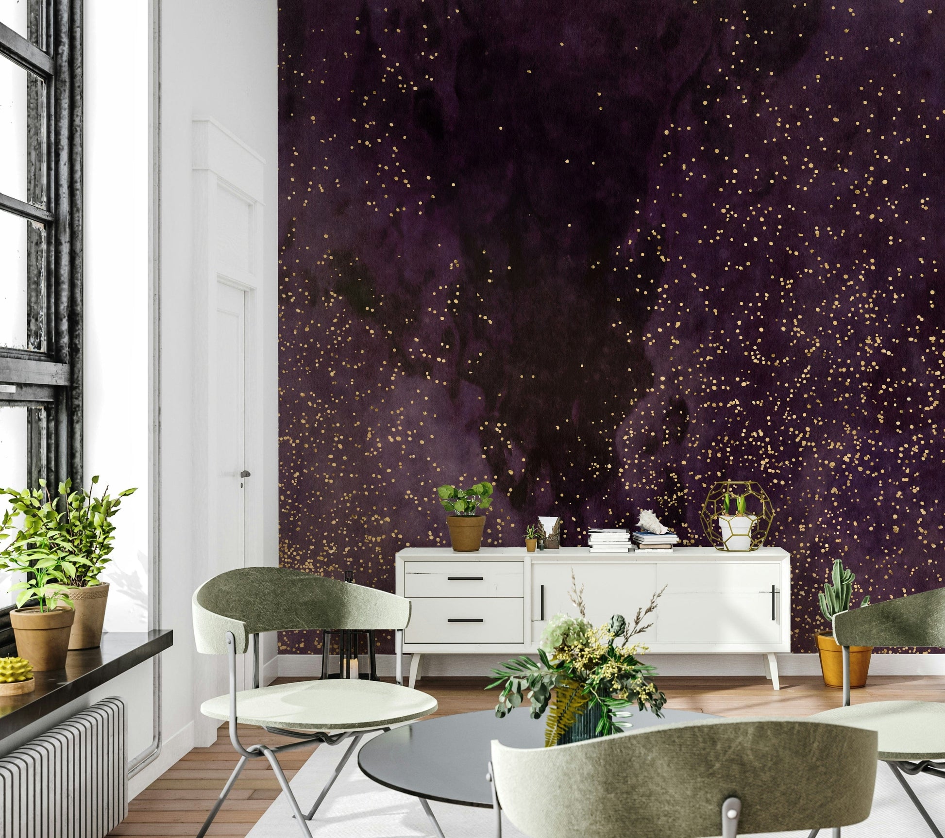 Aubergine Cosmic Sky Wallpaper – Dreamy galaxy design with violet tones and luminous stars, adding depth and serenity to any room.