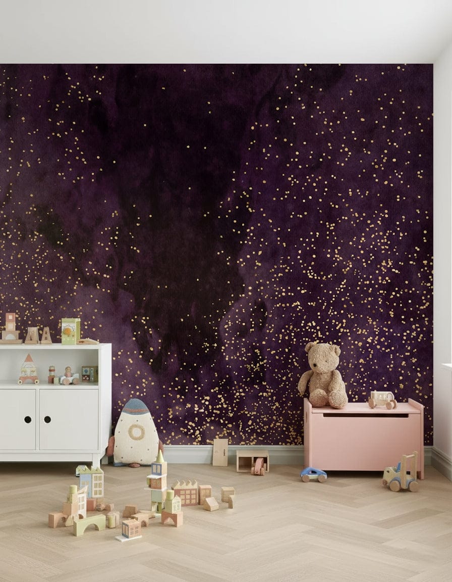 Modern Galaxy Wall Décor – Aubergine and lavender hues forming a stunning celestial mural for contemporary interiors.
