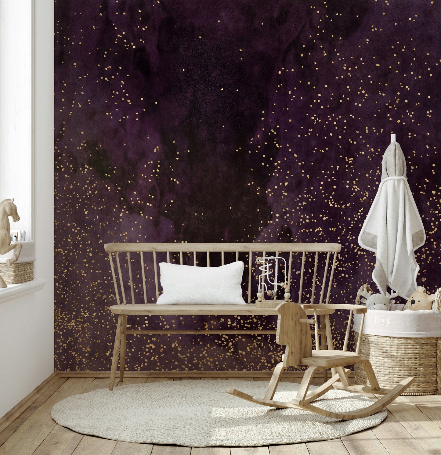 Starry Night Galaxy Wall Mural – Aubergine-inspired wallpaper with dreamy space elements, blending beauty and mystery.