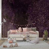 Aubergine Galaxy Wall Mural – Deep purple and violet cosmic design with twinkling stars and swirling nebula, perfect for modern home interiors.