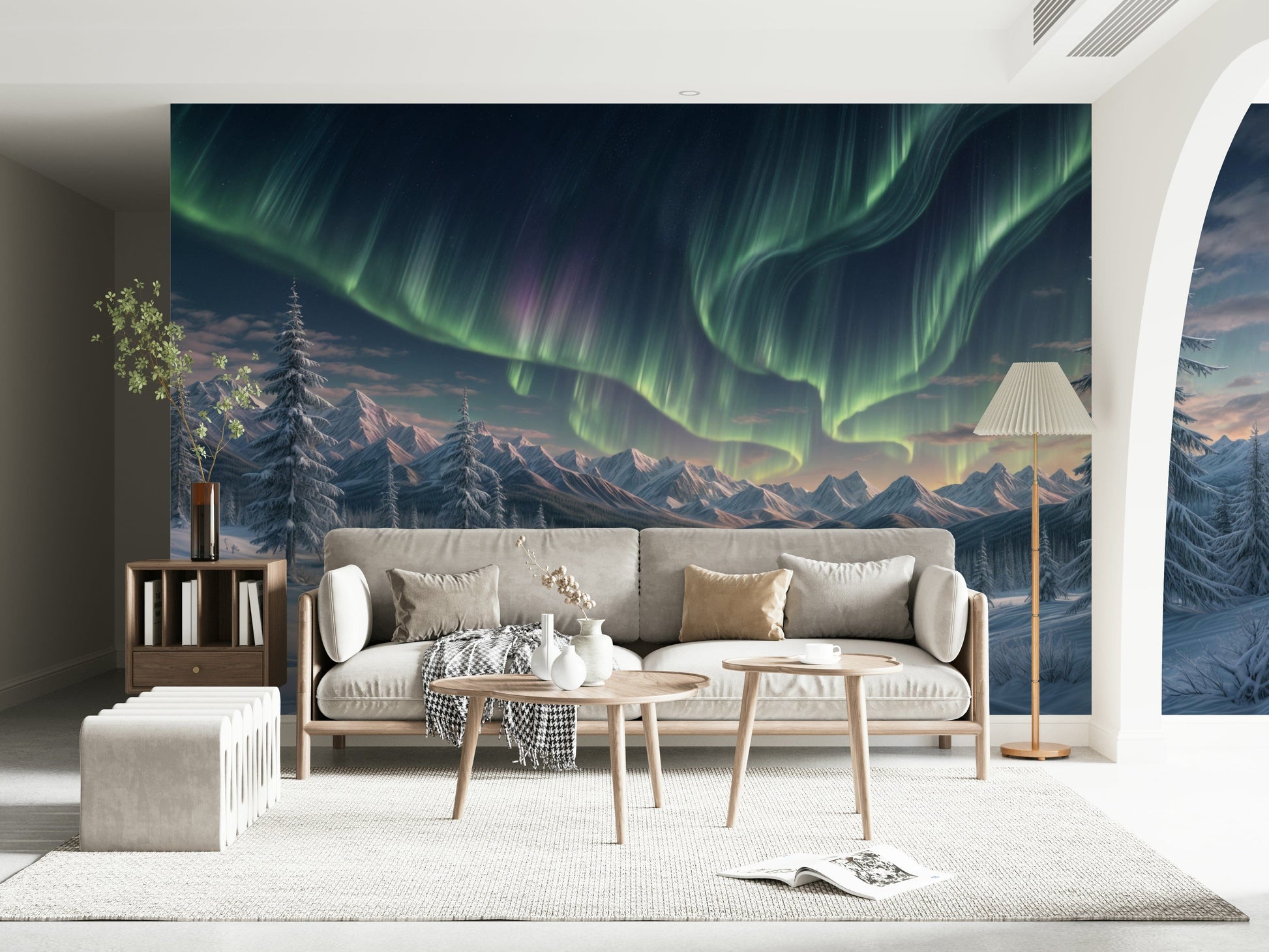 Minimal modern apartment bedroom with aurora wall mural, calm night colors