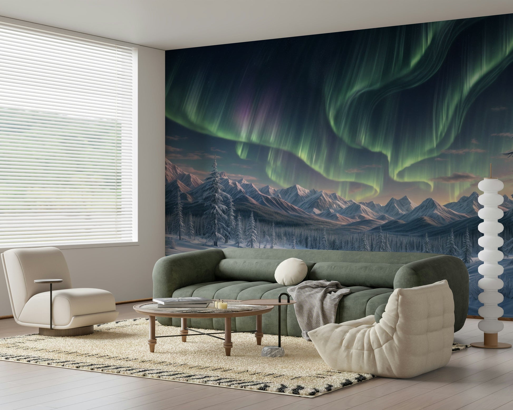 Icy landscape and aurora wall mural in reading nook, modern decor