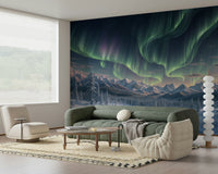 Icy landscape and aurora wall mural in reading nook, modern decor