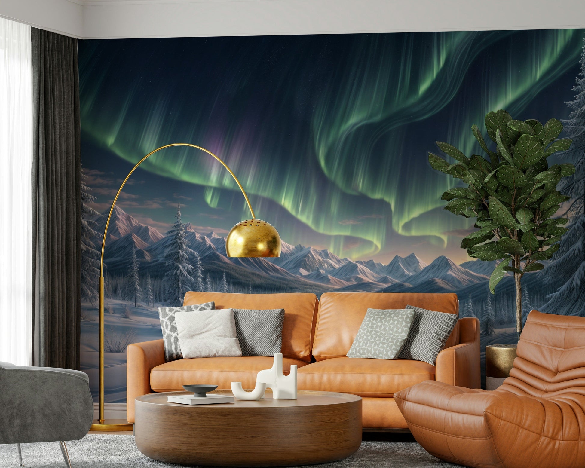 Aurora mural in hallway, modern wall decor with winter sky colors