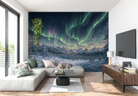 Green and blue aurora wallpaper in home office, modern backdrop for desk