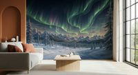 Aurora lights wall mural in modern living room, cool color glow feature wall