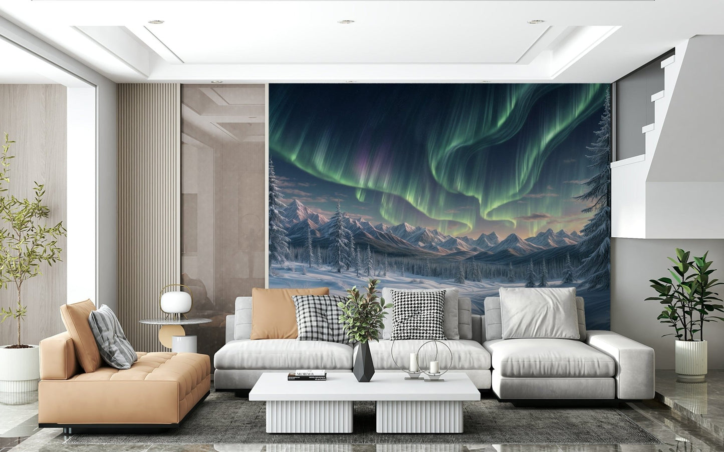 Aurora’s Winter Dance Wall Mural in bedroom, icy sky tones over headboard