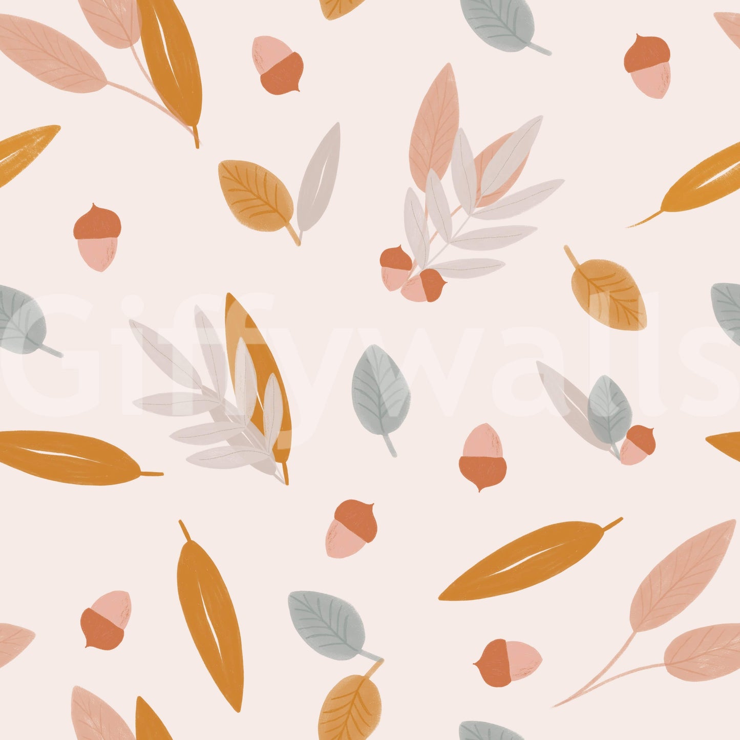 Pastel leaves and golden acorns arranged in a playful yet elegant wallpaper pattern.