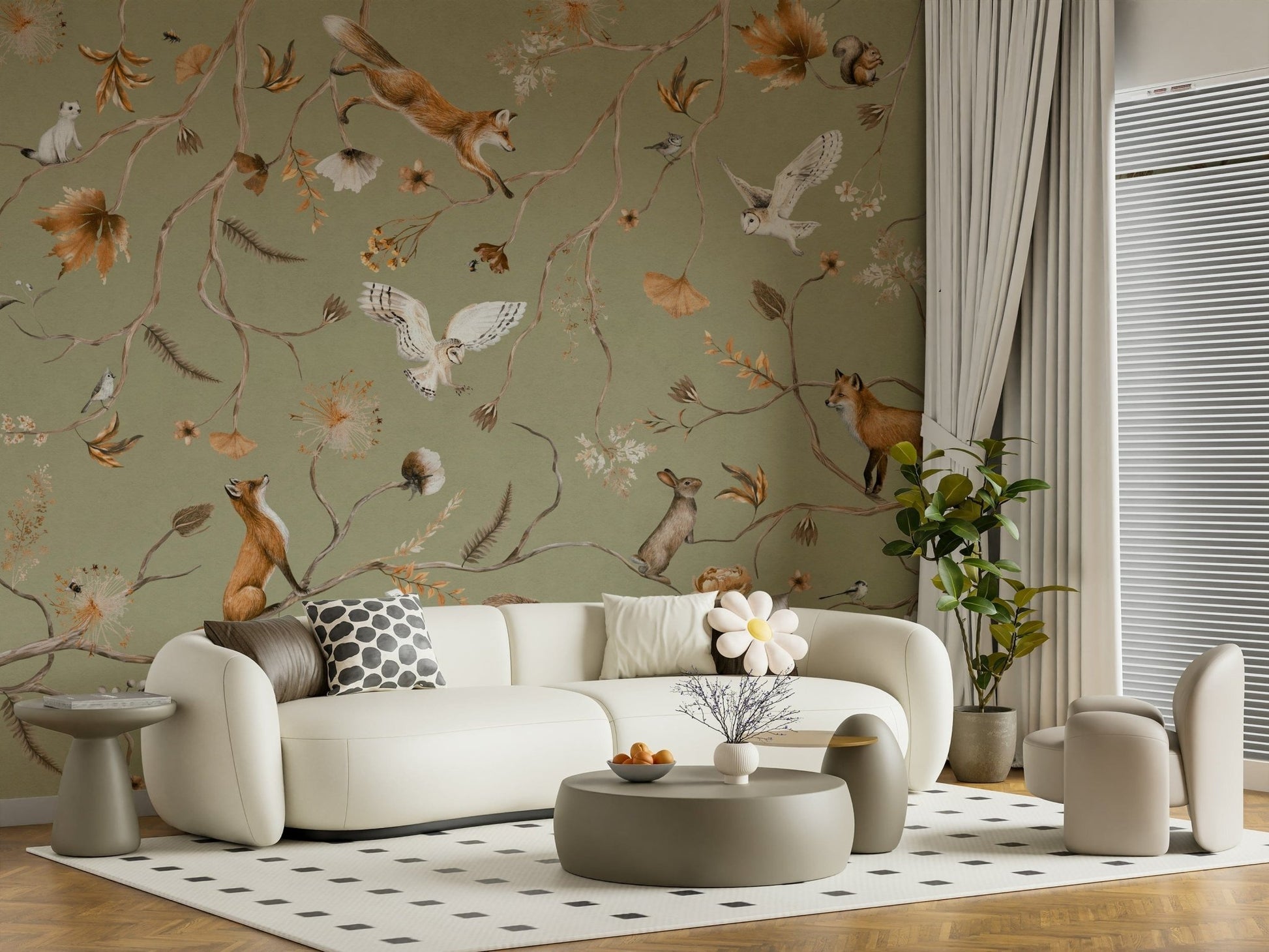 Vibrant autumn wall mural featuring trees with golden and orange leaves