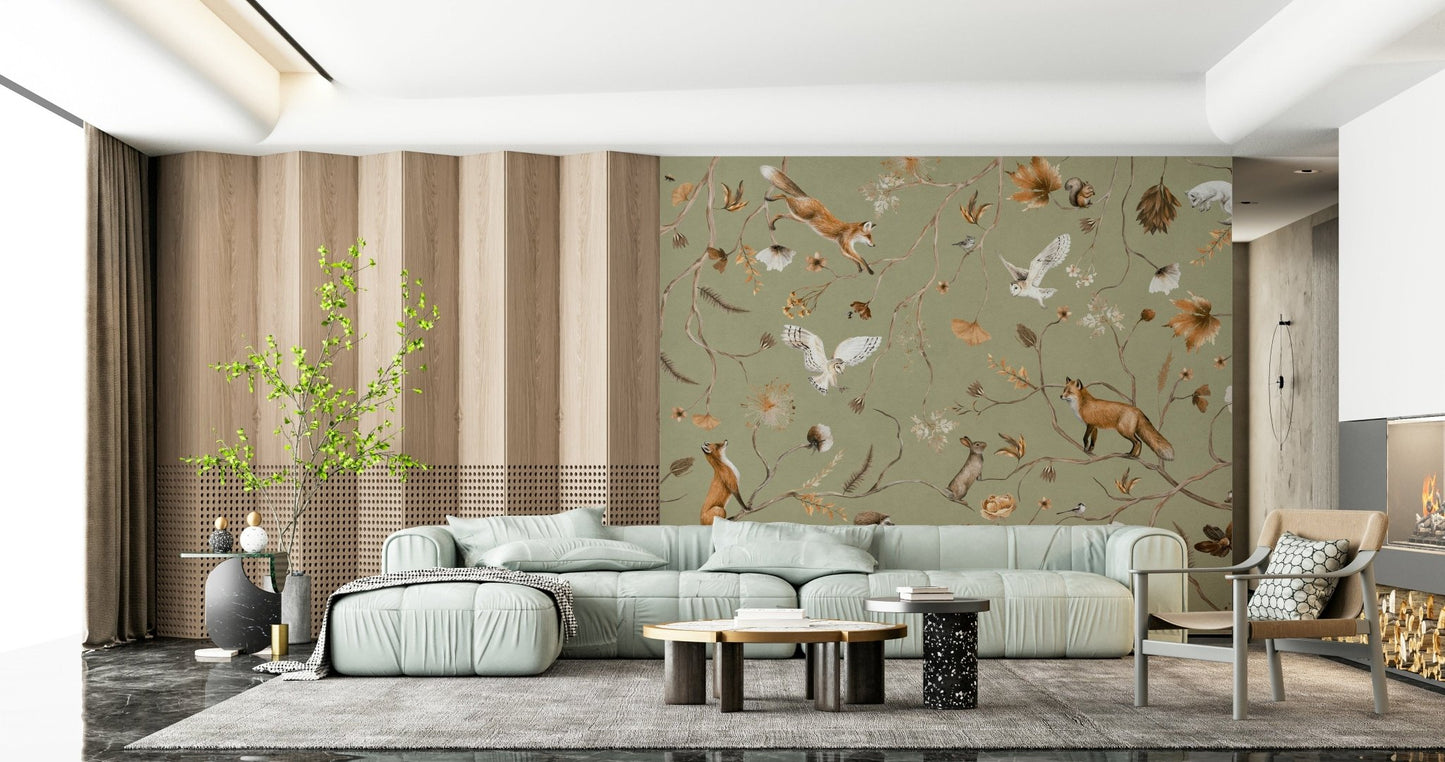 Elegant wall mural with a tree-lined walkway surrounded by fall leaves