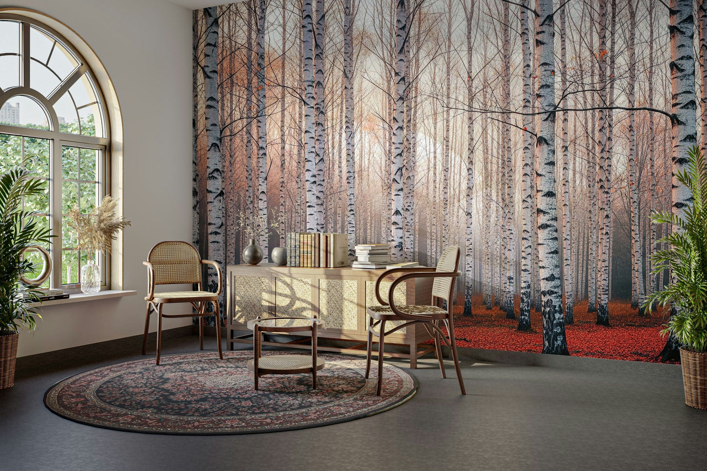 The composition is a wide, landscape view of the forest.

