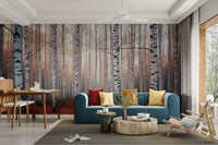 A peaceful wall mural with a charming autumn forest scene.

