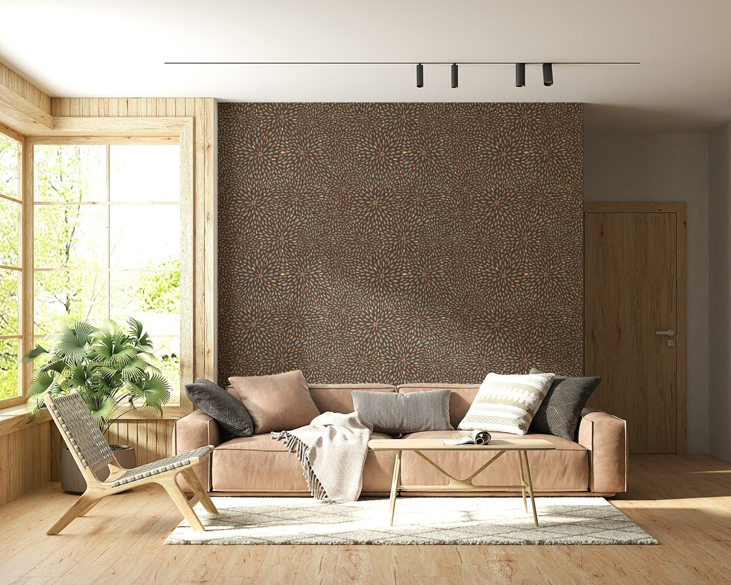 Patterned wallpaper mural inspired by autumn foliage arranged in starburst formations.