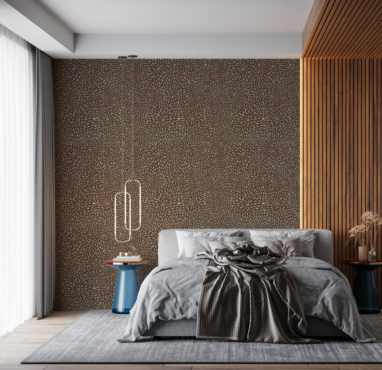 Autumn Burst wallpaper with dense repeating patterns of petal-shaped motifs in natural hues.