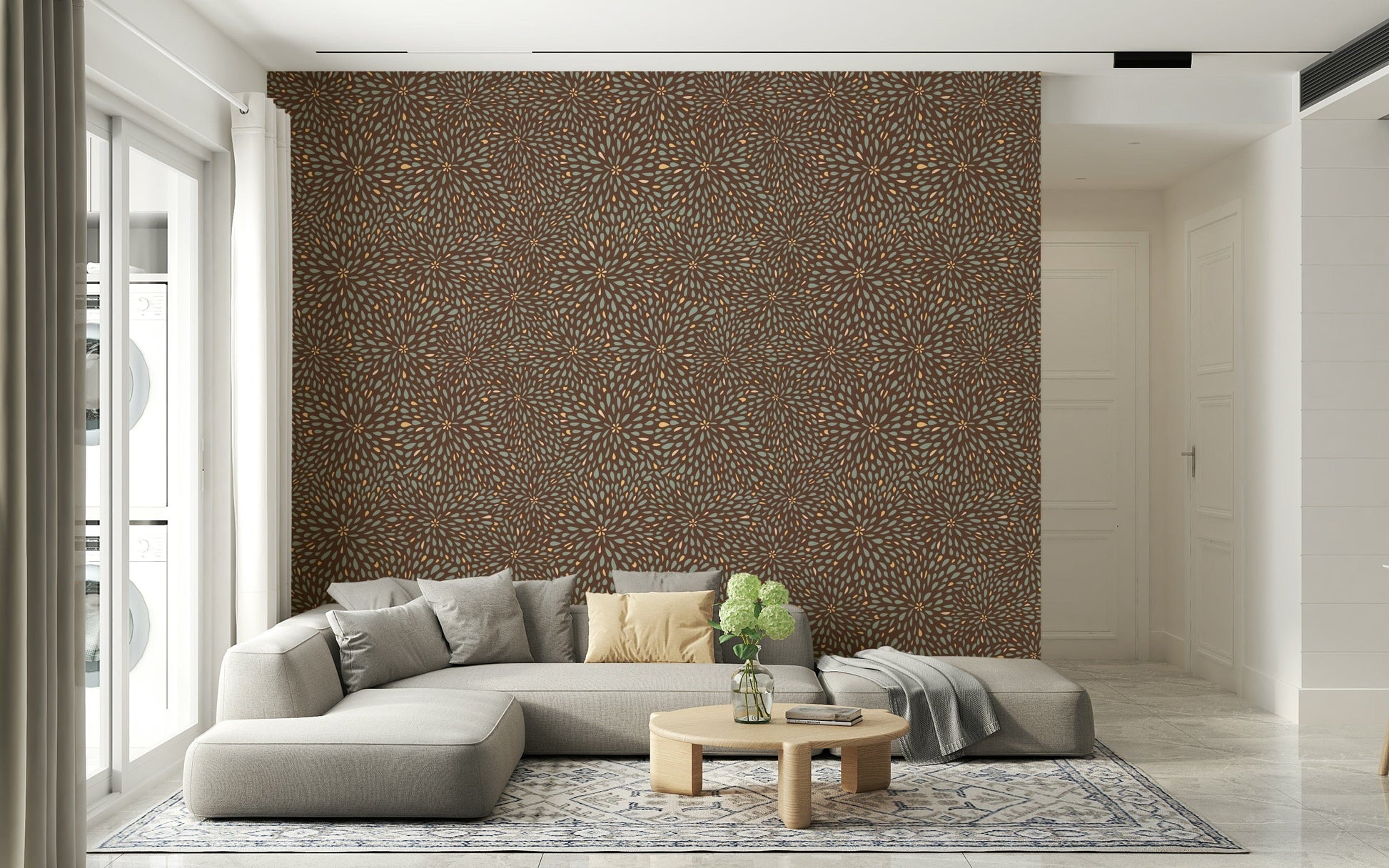 Textured wallpaper mural featuring radiating organic shapes that evoke falling autumn leaves.