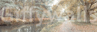 Scenic autumn landscape mural with a calm waterway bordered by tall trees.