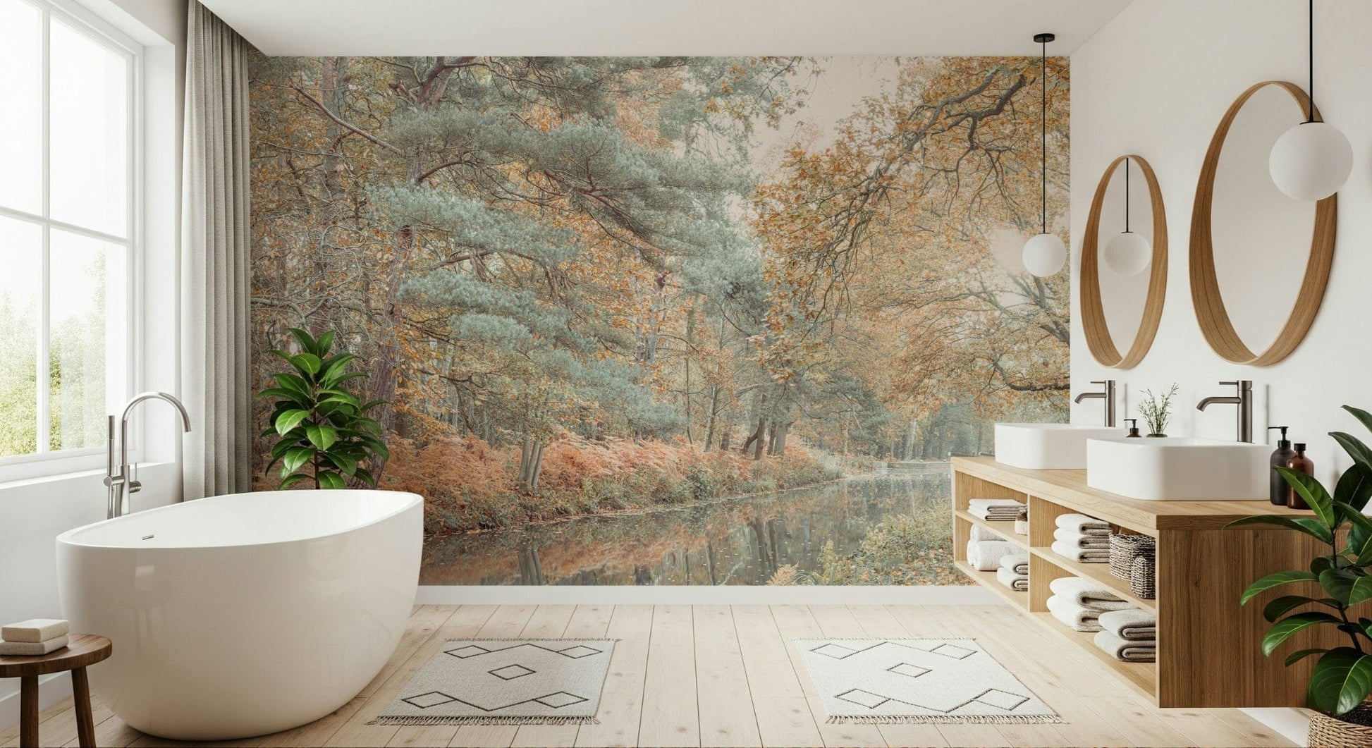 Calming landscape mural of a wooded riverside in warm, earthy fall shades.