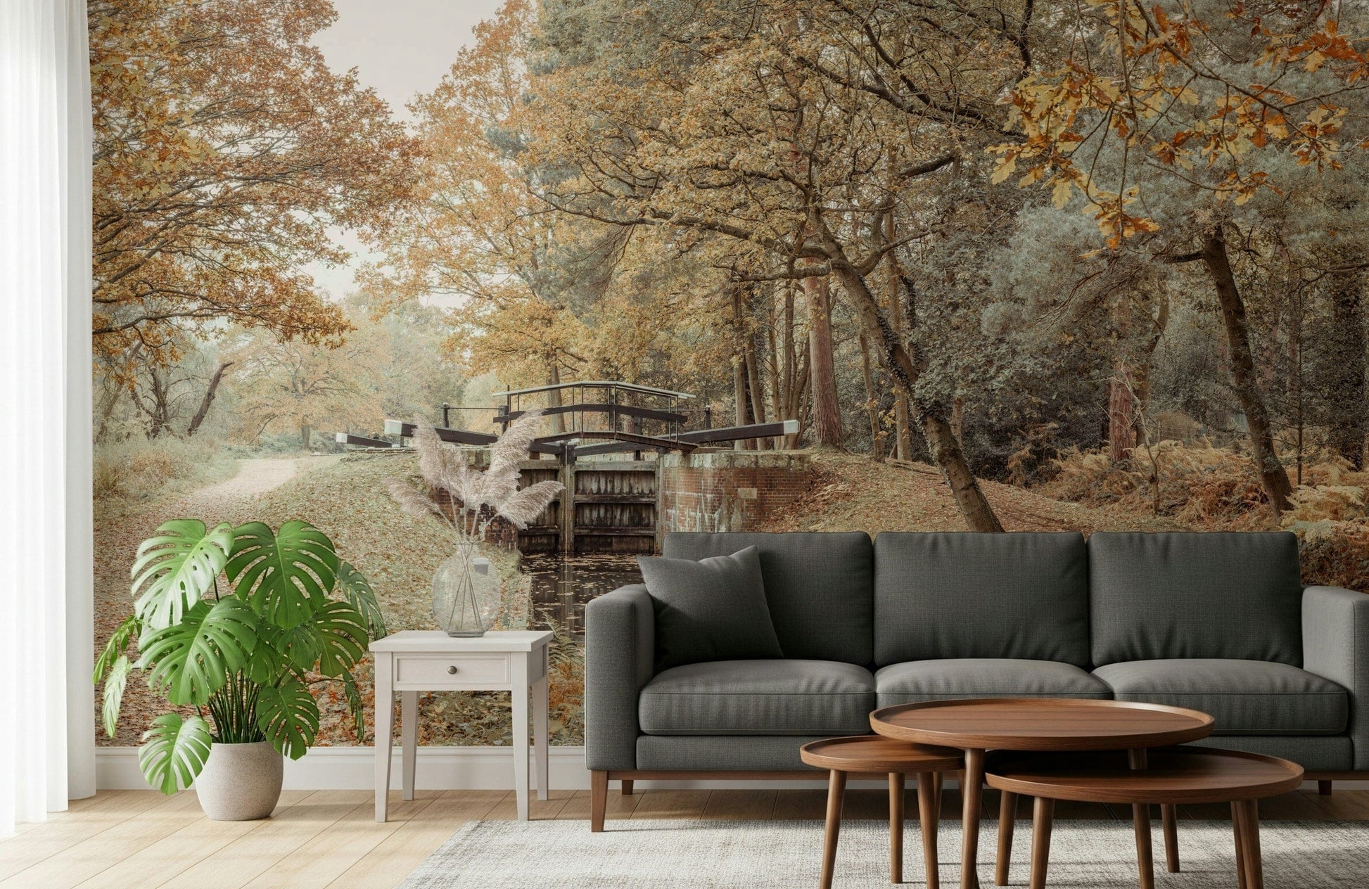 Reading nook with canal mural wallpaper, modern apartment decor in cool tones