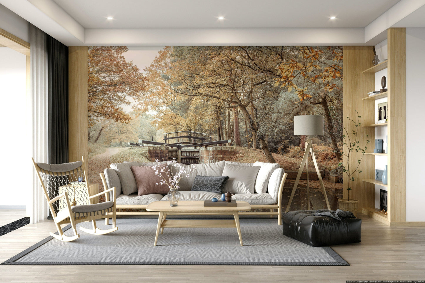 Dining area accent wall featuring canal mural, clean modern style, soft color wash