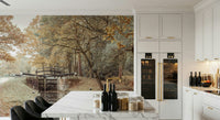 Minimal living space with canal mural, calm waterfront illustration wall covering
